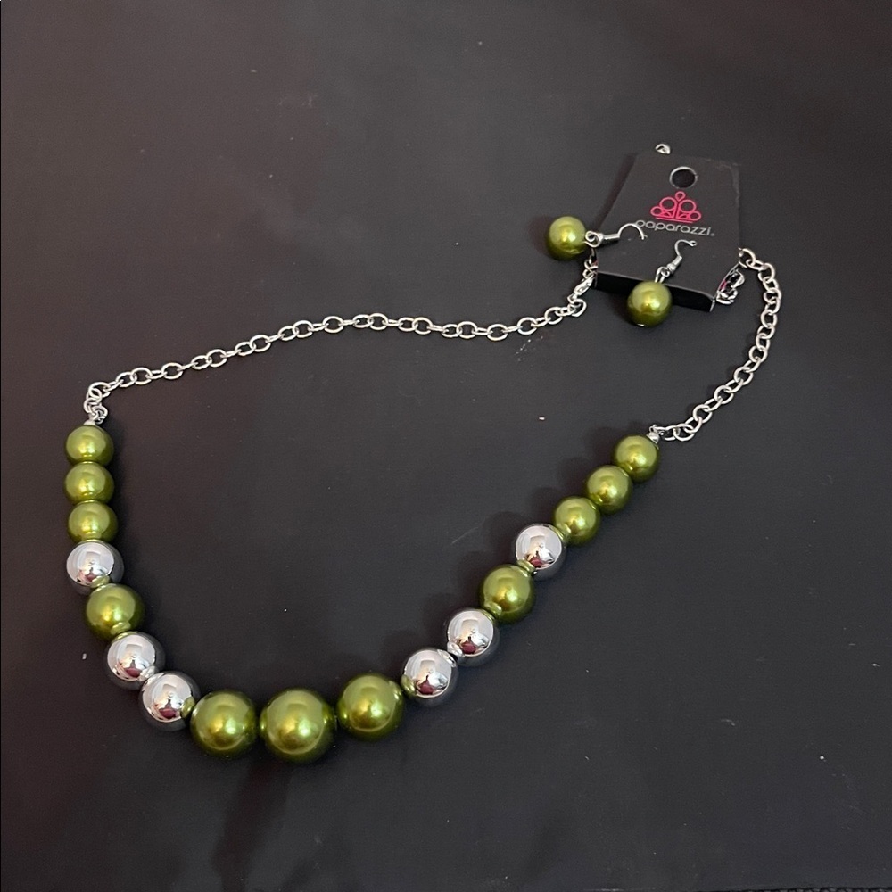Paparazzi Olive and Silver Beaded Necklace with Earrings